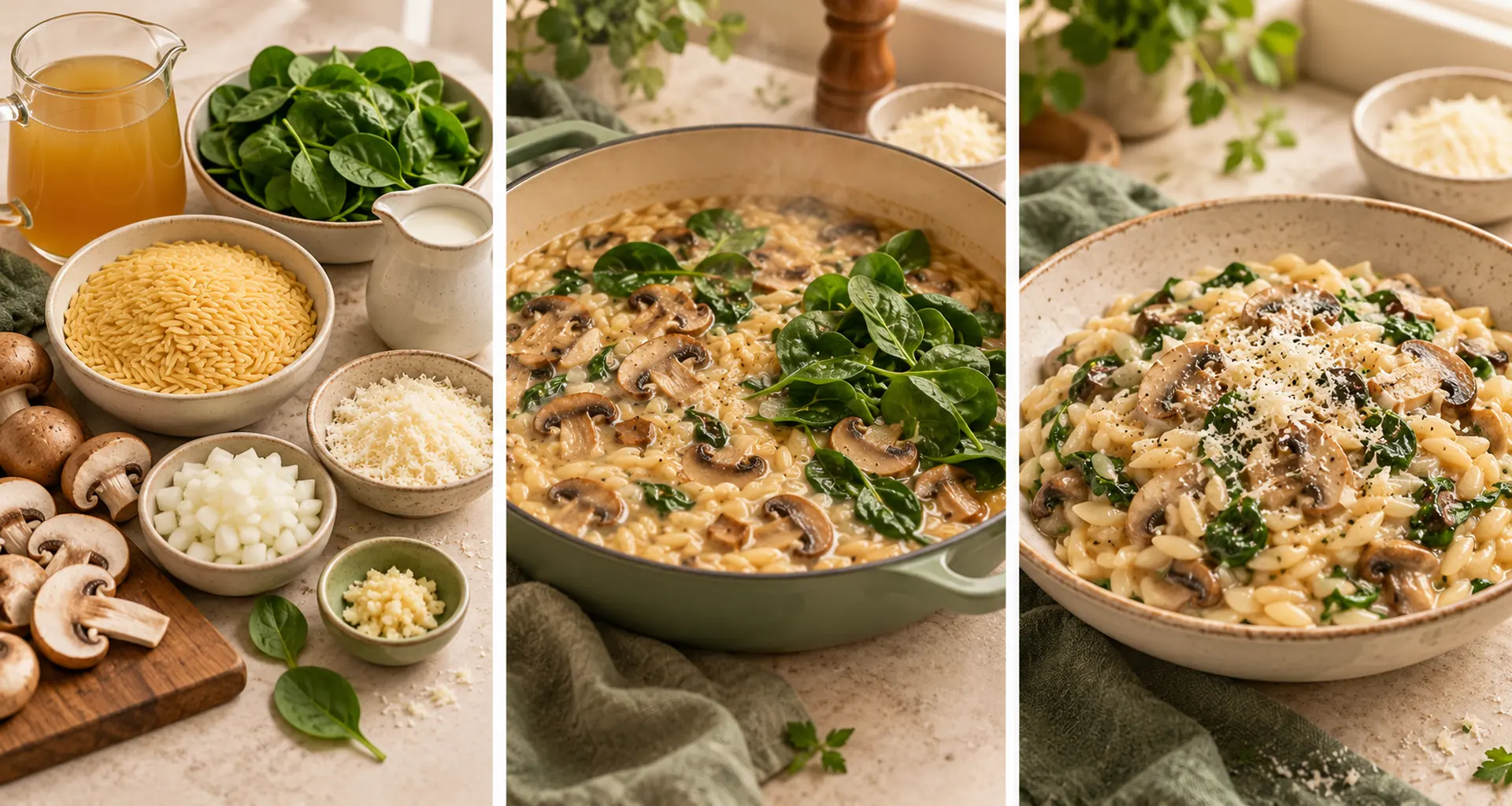 Ingredients for Creamy Mushroom and Spinach Orzo without Heavy Cream