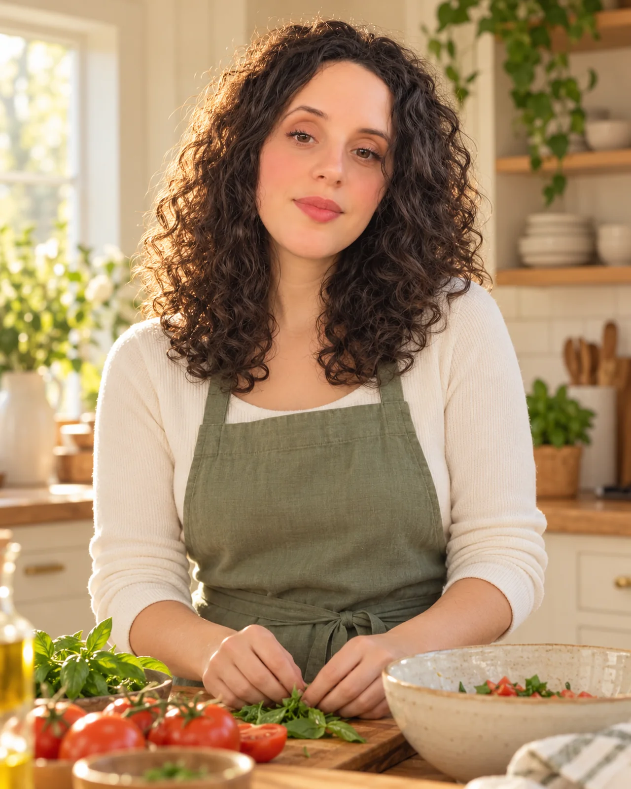 AI-edited portrait in a cream and sage home kitchen