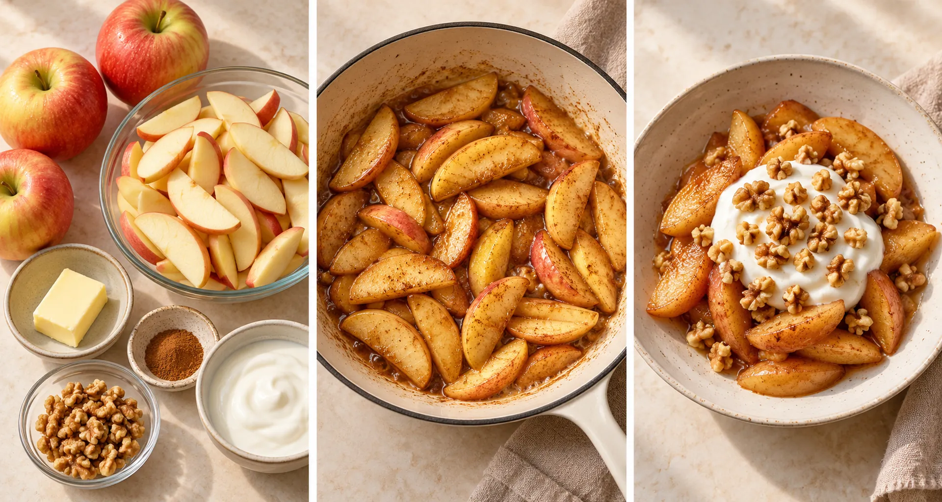 Ingredients for Skillet Cinnamon Apples with Yogurt and Walnuts